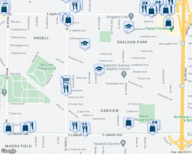 map of restaurants, bars, coffee shops, grocery stores, and more near 1417 Madison Street in Muskegon