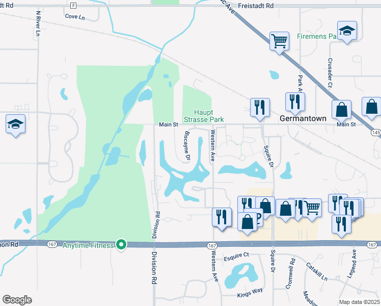 map of restaurants, bars, coffee shops, grocery stores, and more near W170N11415 Armada Drive in Germantown
