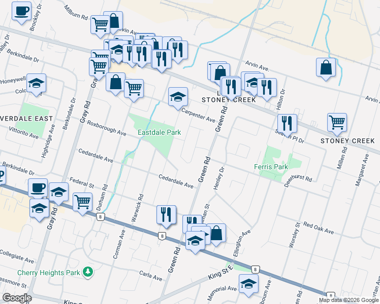 map of restaurants, bars, coffee shops, grocery stores, and more near 56 Eastbury Drive in Hamilton