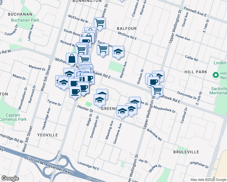 map of restaurants, bars, coffee shops, grocery stores, and more near in Hamilton