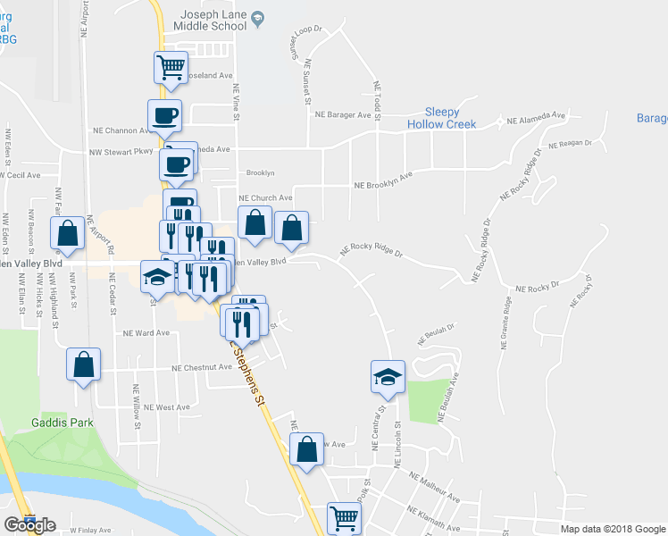 map of restaurants, bars, coffee shops, grocery stores, and more near 1050 Northeast Garden Valley Boulevard in Roseburg