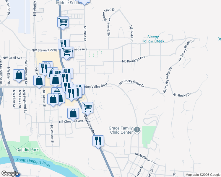 map of restaurants, bars, coffee shops, grocery stores, and more near 831 Northeast Garden Valley Boulevard in Roseburg