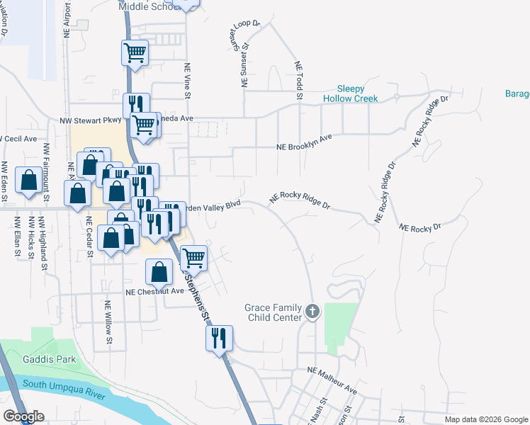 map of restaurants, bars, coffee shops, grocery stores, and more near 1050 Northeast Garden Valley Boulevard in Roseburg