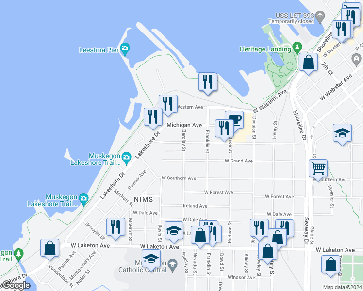 map of restaurants, bars, coffee shops, grocery stores, and more near 1129 Washington Avenue in Muskegon