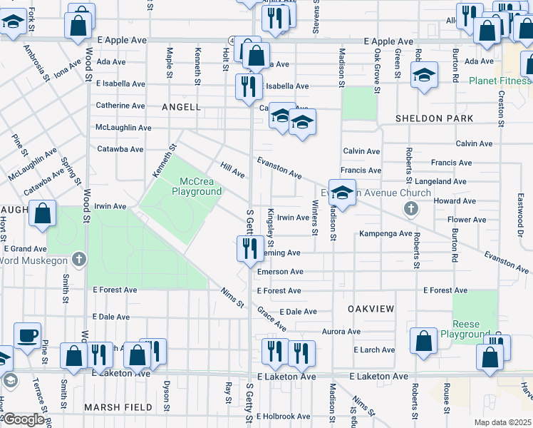 map of restaurants, bars, coffee shops, grocery stores, and more near 1413 Kingsley Street in Muskegon