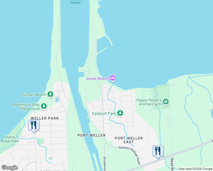 map of restaurants, bars, coffee shops, grocery stores, and more near 11 Lakeside Drive in St. Catharines