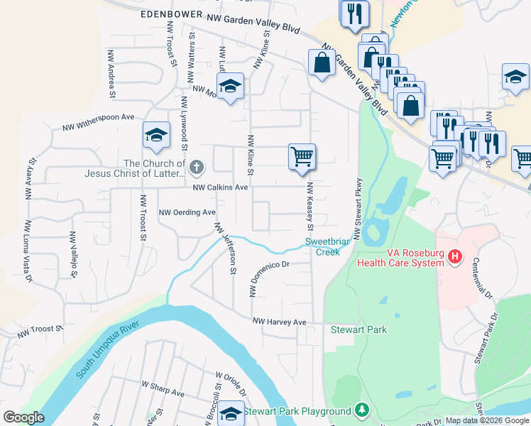 map of restaurants, bars, coffee shops, grocery stores, and more near 1516 Northwest Almira Street in Roseburg