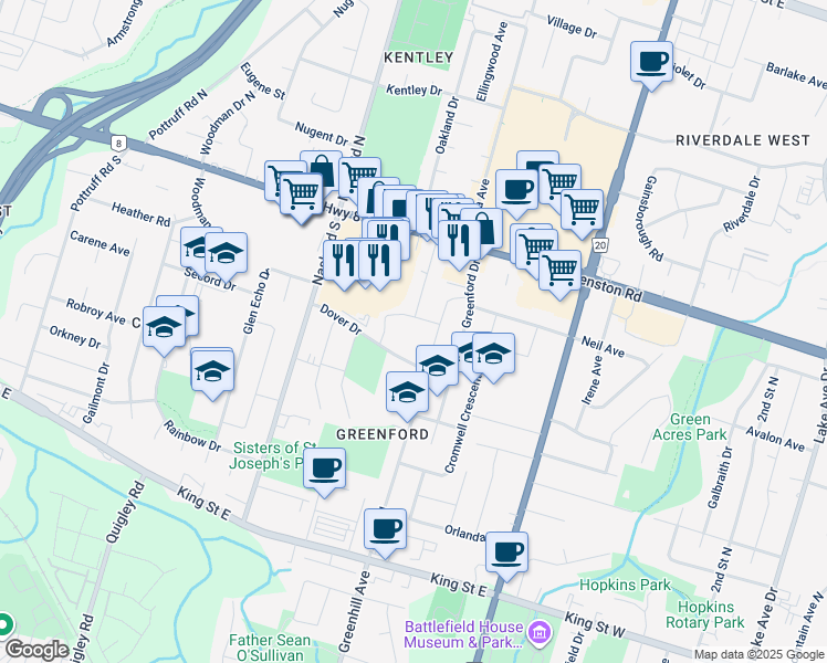 map of restaurants, bars, coffee shops, grocery stores, and more near 15 Catalina Drive in Hamilton