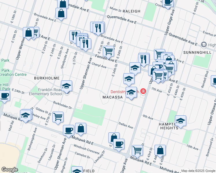 map of restaurants, bars, coffee shops, grocery stores, and more near 356 East 34th Street in Hamilton