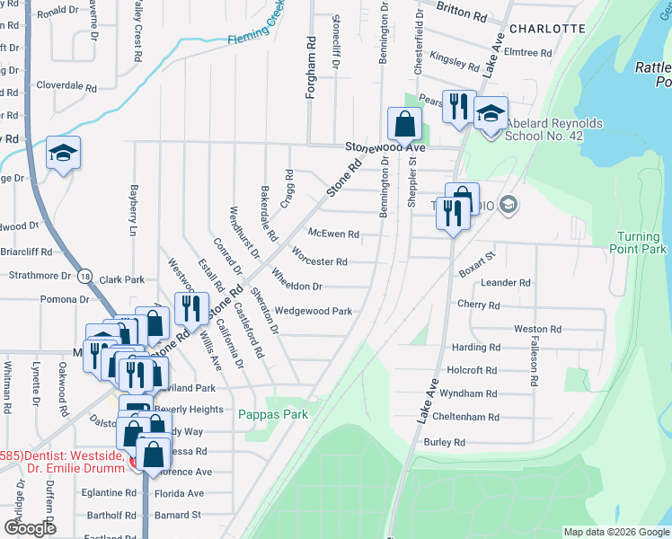 map of restaurants, bars, coffee shops, grocery stores, and more near 82 Worcester Road in Rochester