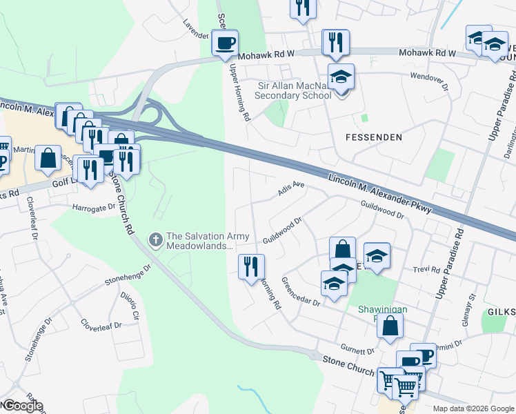 map of restaurants, bars, coffee shops, grocery stores, and more near 141 Adis Avenue in Hamilton