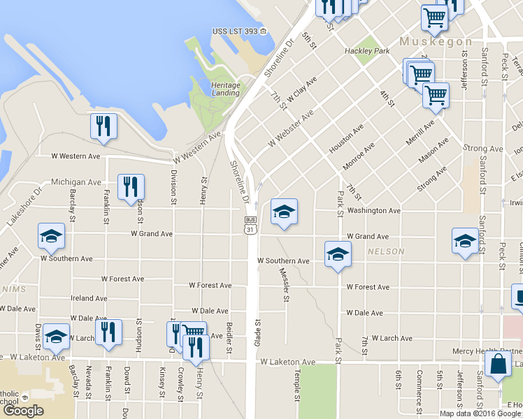 map of restaurants, bars, coffee shops, grocery stores, and more near 632 Houston Avenue in Muskegon
