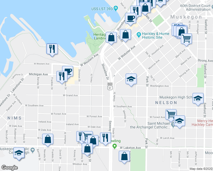 map of restaurants, bars, coffee shops, grocery stores, and more near 689 Washington Avenue in Muskegon