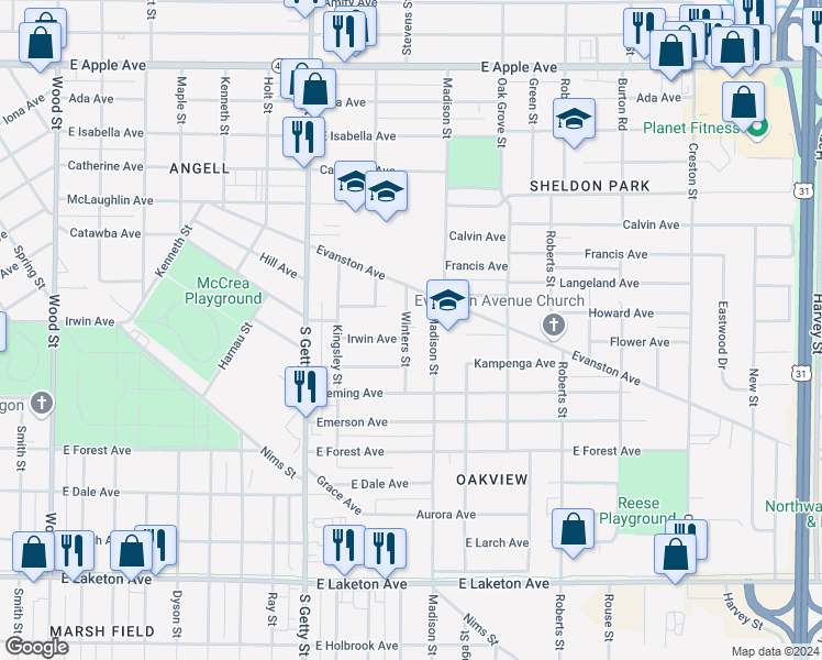 map of restaurants, bars, coffee shops, grocery stores, and more near 1414 Winters Street in Muskegon