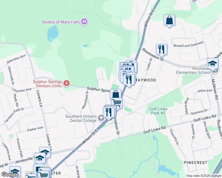 map of restaurants, bars, coffee shops, grocery stores, and more near 33 Sulphur Springs Road in Hamilton