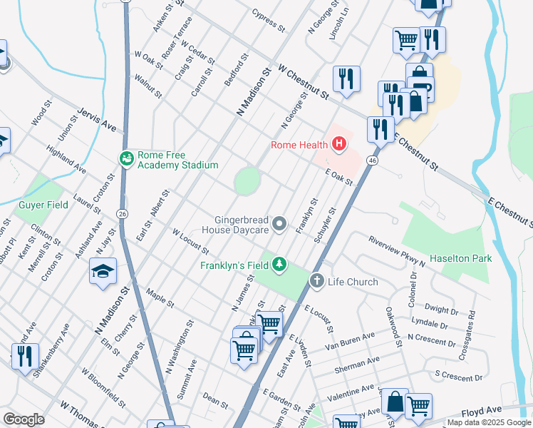 map of restaurants, bars, coffee shops, grocery stores, and more near Dyett Drive in Rome