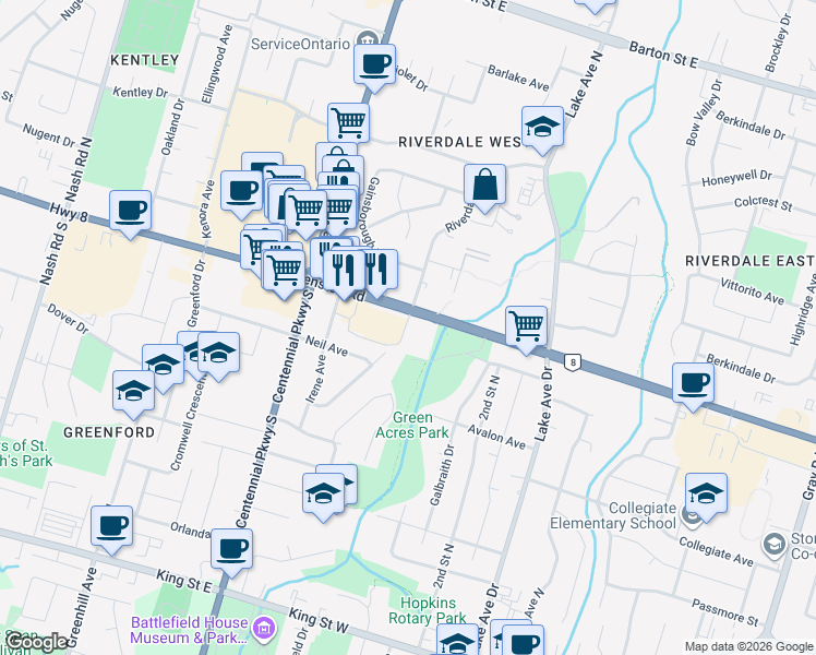 map of restaurants, bars, coffee shops, grocery stores, and more near 870 Queenston Road in Hamilton
