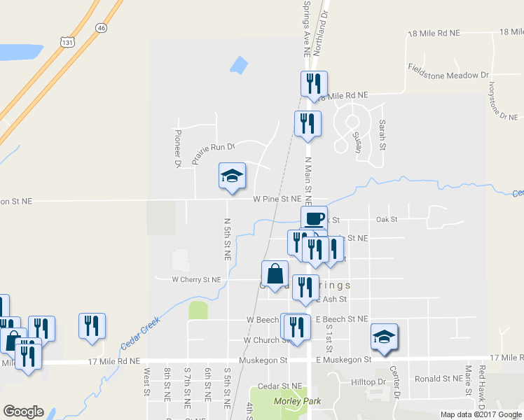 map of restaurants, bars, coffee shops, grocery stores, and more near 118 West Pine Street Northeast in Cedar Springs