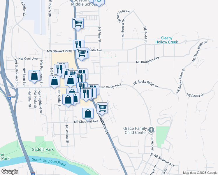 map of restaurants, bars, coffee shops, grocery stores, and more near 700-740 Northeast Garden Valley Boulevard in Roseburg