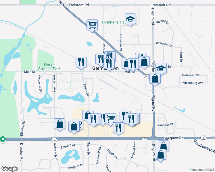 map of restaurants, bars, coffee shops, grocery stores, and more near n115w16165 Saxony Village Boulevard in Germantown