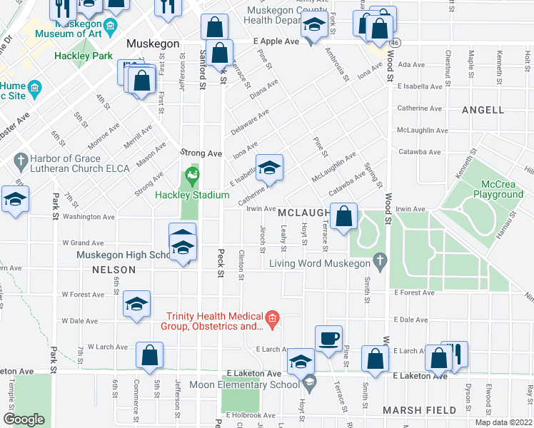 map of restaurants, bars, coffee shops, grocery stores, and more near 109 Irwin Avenue in Muskegon