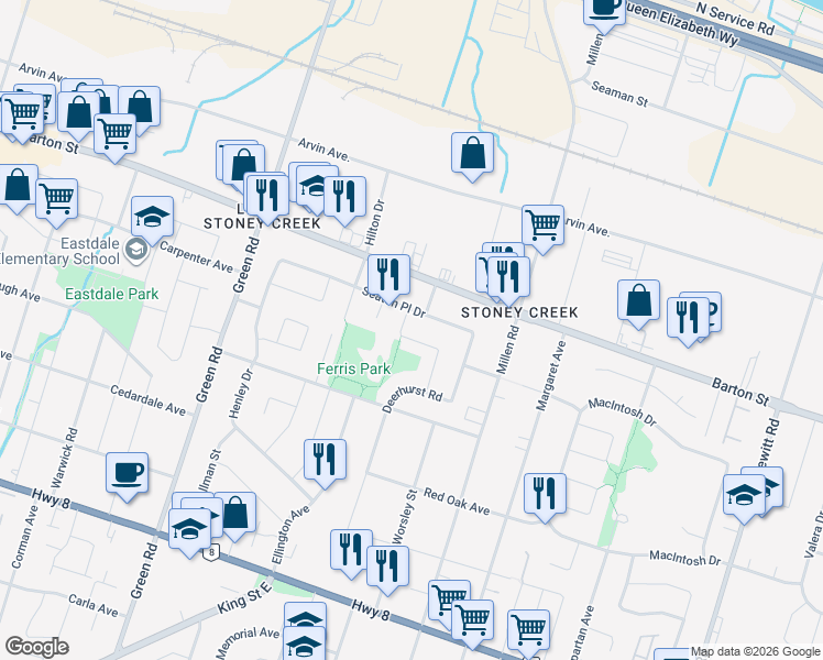 map of restaurants, bars, coffee shops, grocery stores, and more near 32 Lynwood Drive in Hamilton