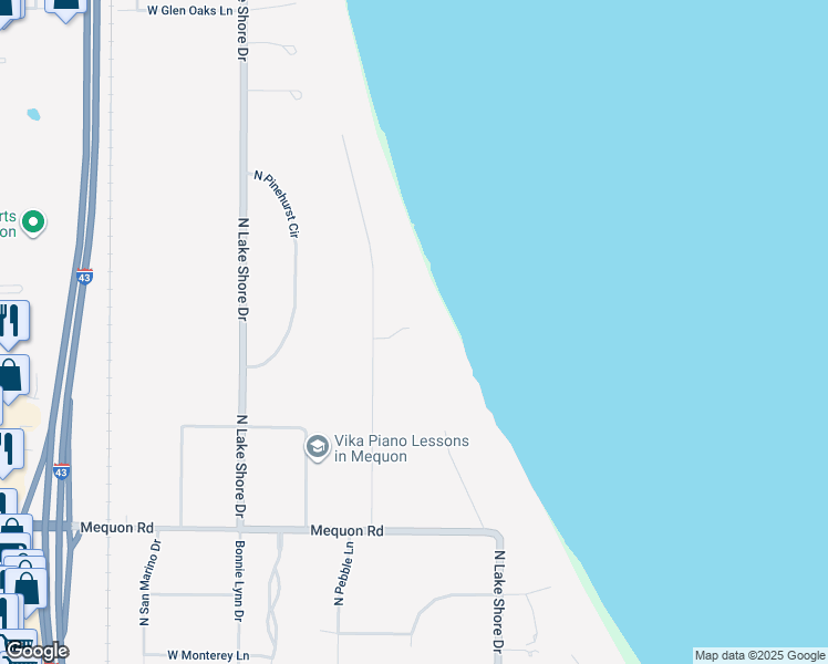map of restaurants, bars, coffee shops, grocery stores, and more near 11444 N Shorecliff Ln in Mequon