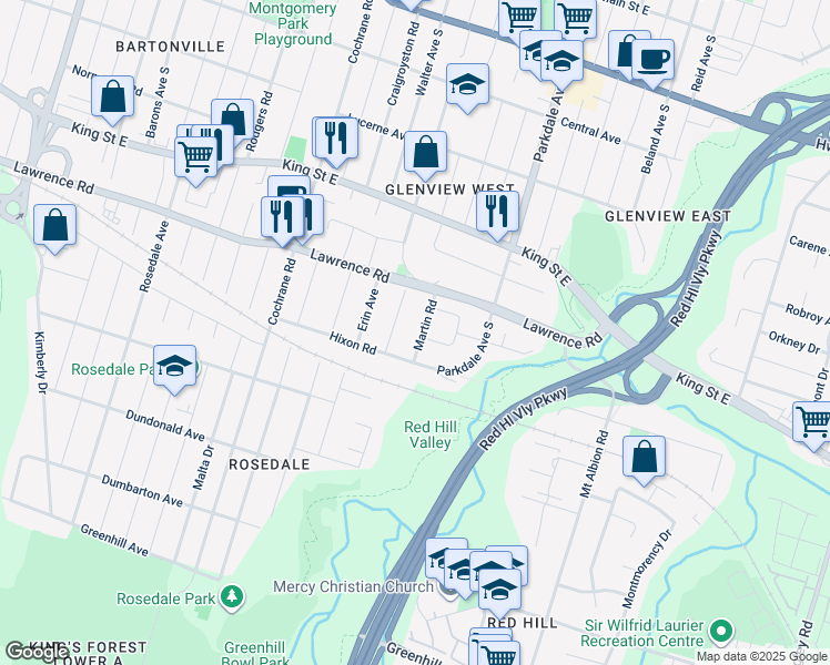 map of restaurants, bars, coffee shops, grocery stores, and more near 42 Martin Road in Hamilton