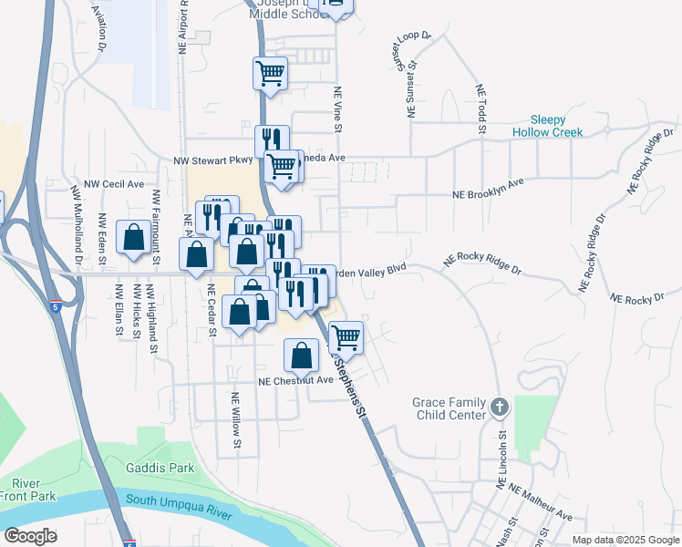 map of restaurants, bars, coffee shops, grocery stores, and more near 700 Northeast Garden Valley Boulevard in Roseburg
