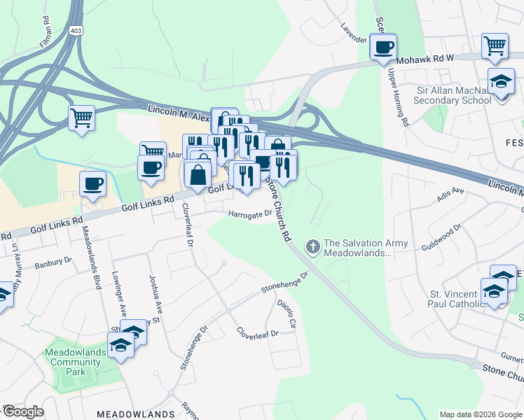 map of restaurants, bars, coffee shops, grocery stores, and more near 1143 Harrogate Drive in Hamilton