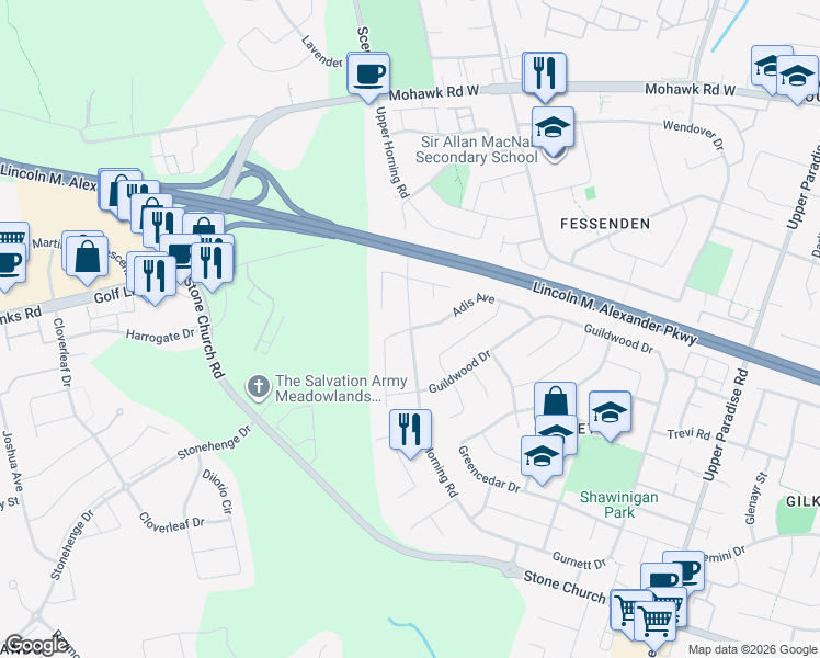 map of restaurants, bars, coffee shops, grocery stores, and more near Upper Horning Road in Hamilton