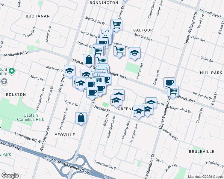 map of restaurants, bars, coffee shops, grocery stores, and more near 44 Hayden Street in Hamilton