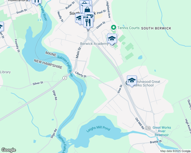 map of restaurants, bars, coffee shops, grocery stores, and more near 13 Liberty Street in South Berwick