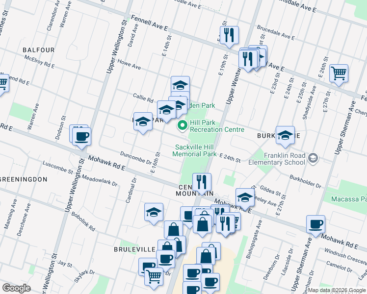 map of restaurants, bars, coffee shops, grocery stores, and more near 31 Sheridan Drive in Hamilton