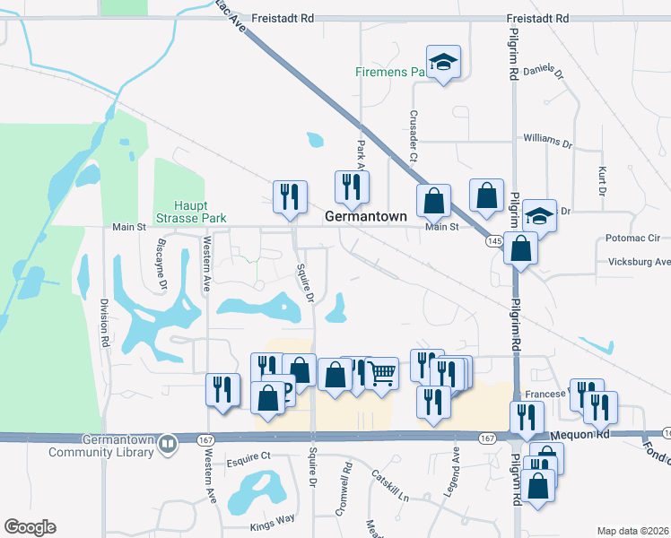 map of restaurants, bars, coffee shops, grocery stores, and more near W163N11522 Windsor Court in Germantown
