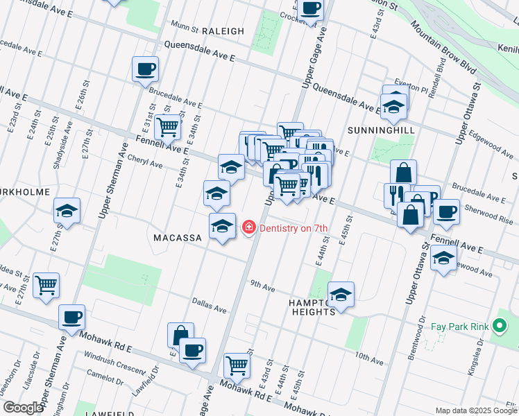 map of restaurants, bars, coffee shops, grocery stores, and more near 319 East 38th Street in Hamilton