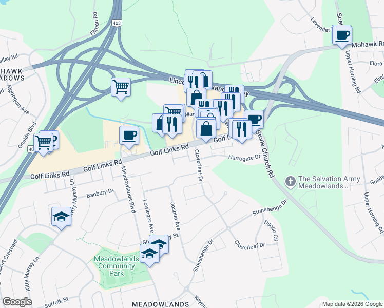 map of restaurants, bars, coffee shops, grocery stores, and more near 990 Golf Links Road in Hamilton