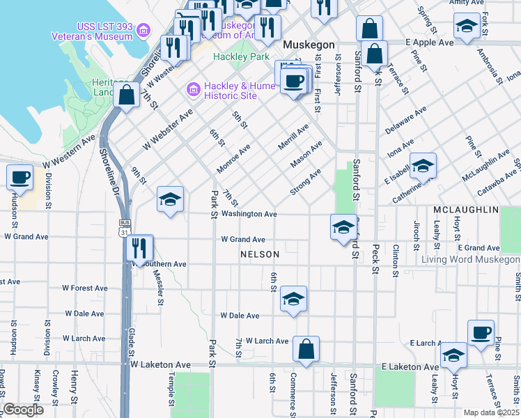 map of restaurants, bars, coffee shops, grocery stores, and more near 333 Mason Avenue in Muskegon
