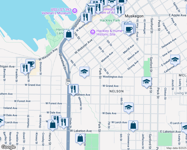 map of restaurants, bars, coffee shops, grocery stores, and more near 1408 8th Street in Muskegon