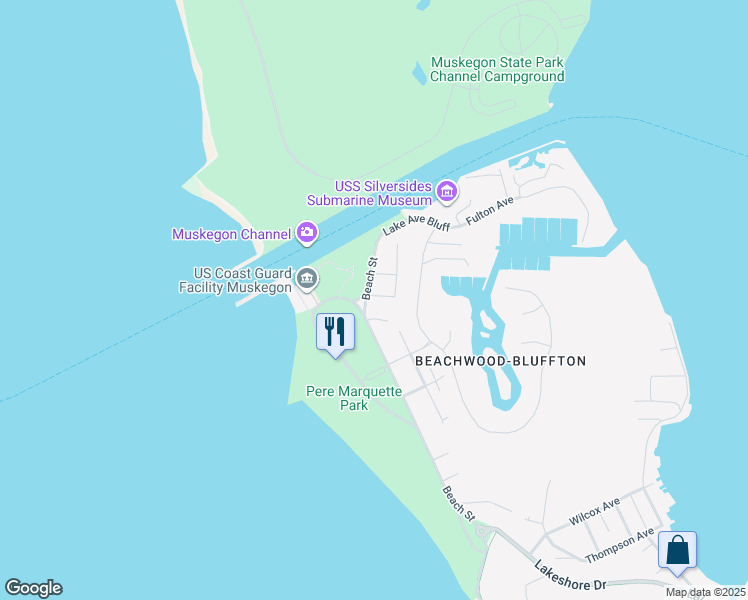 map of restaurants, bars, coffee shops, grocery stores, and more near 1448 Beach Street in Muskegon