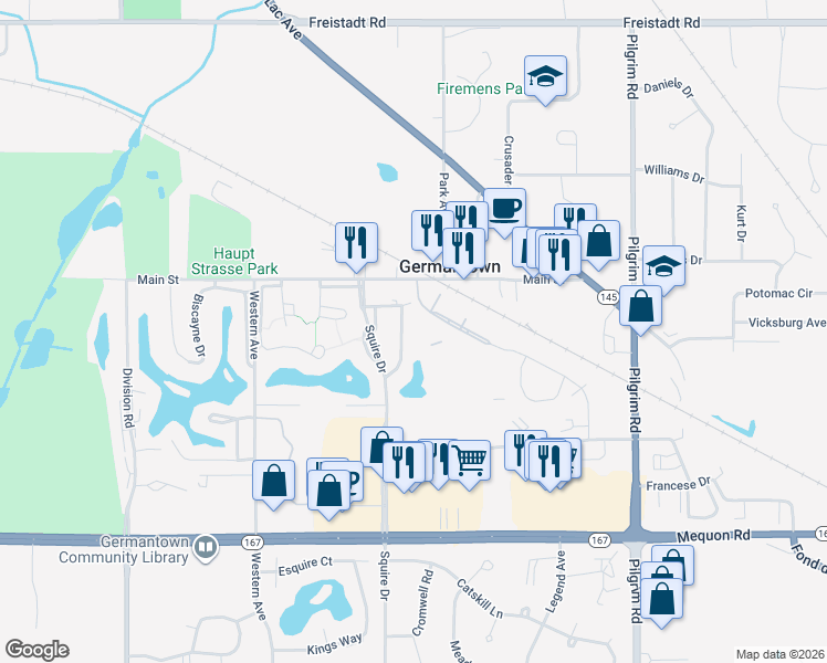 map of restaurants, bars, coffee shops, grocery stores, and more near W163N11522 Windsor Court in Germantown