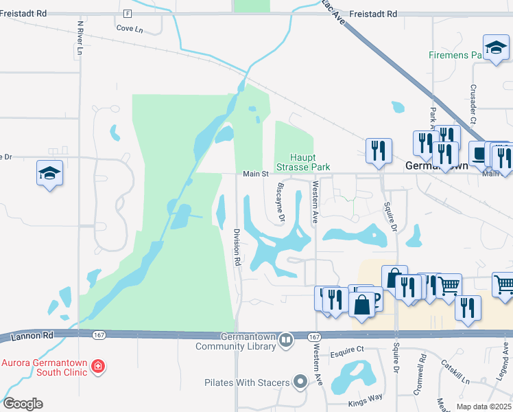 map of restaurants, bars, coffee shops, grocery stores, and more near W170N11537 Armada Drive in Germantown