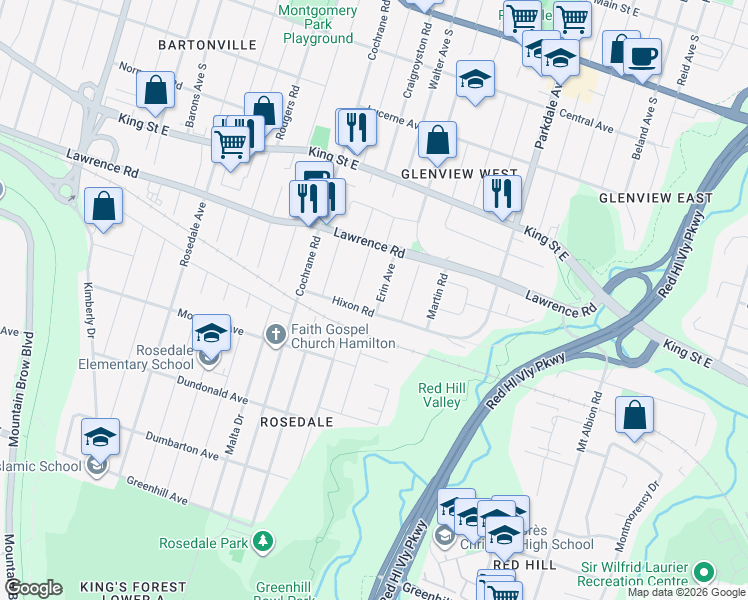 map of restaurants, bars, coffee shops, grocery stores, and more near 130 Erin Avenue in Hamilton