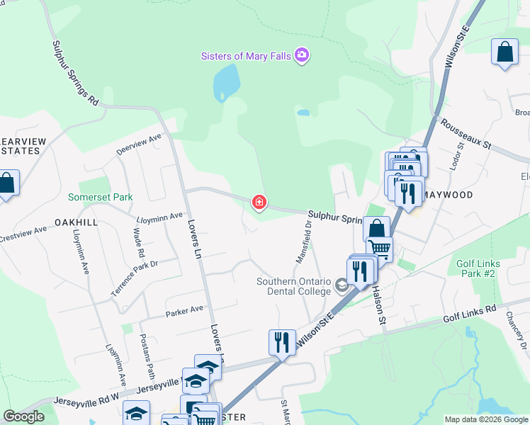 map of restaurants, bars, coffee shops, grocery stores, and more near 158 Sulphur Springs Road in Hamilton