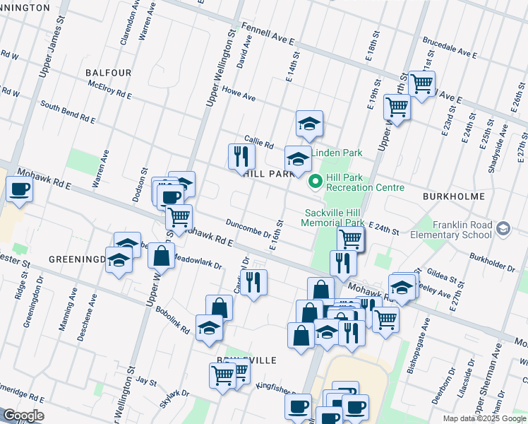 map of restaurants, bars, coffee shops, grocery stores, and more near 21 Bromley Road in Hamilton