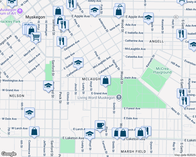 map of restaurants, bars, coffee shops, grocery stores, and more near 249 Irwin Avenue in Muskegon