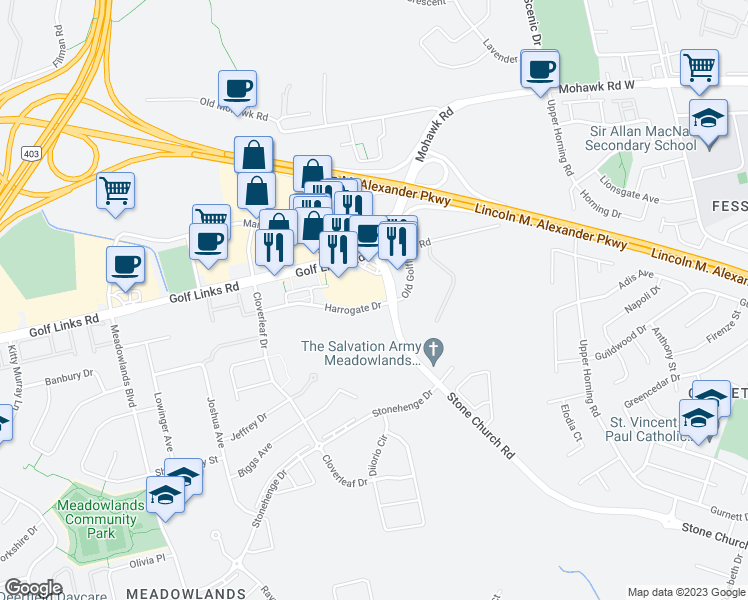 map of restaurants, bars, coffee shops, grocery stores, and more near 1147 Harrogate Drive in Hamilton
