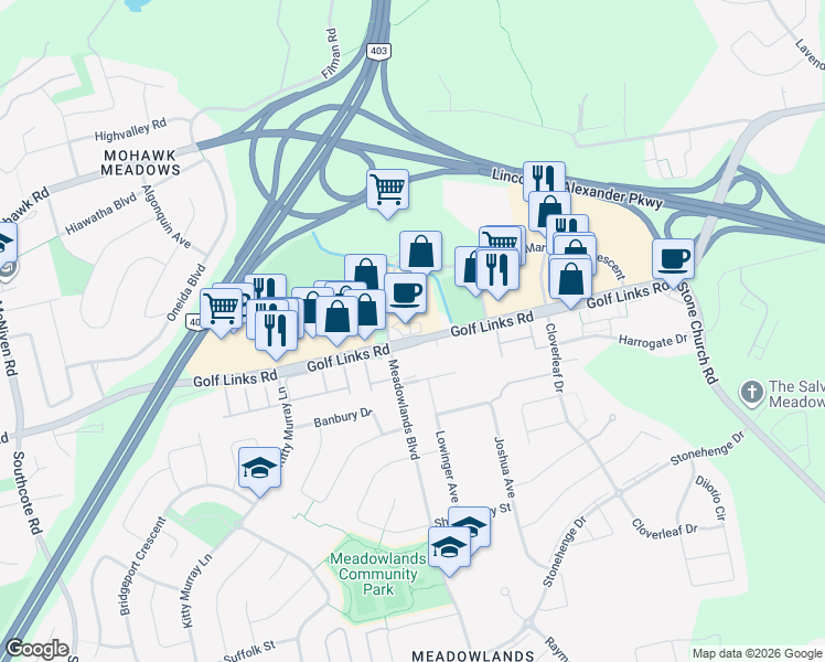 map of restaurants, bars, coffee shops, grocery stores, and more near 911 Golf Links Road in Hamilton
