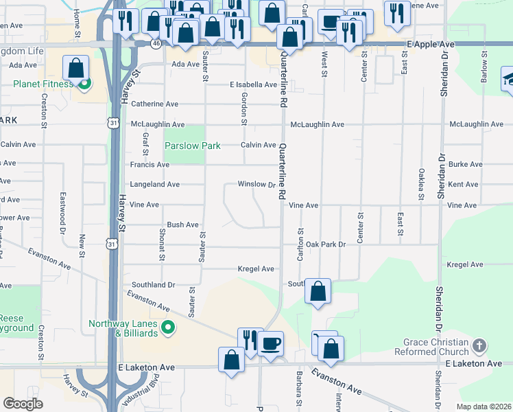 map of restaurants, bars, coffee shops, grocery stores, and more near 1401 Mosedale Avenue in Muskegon