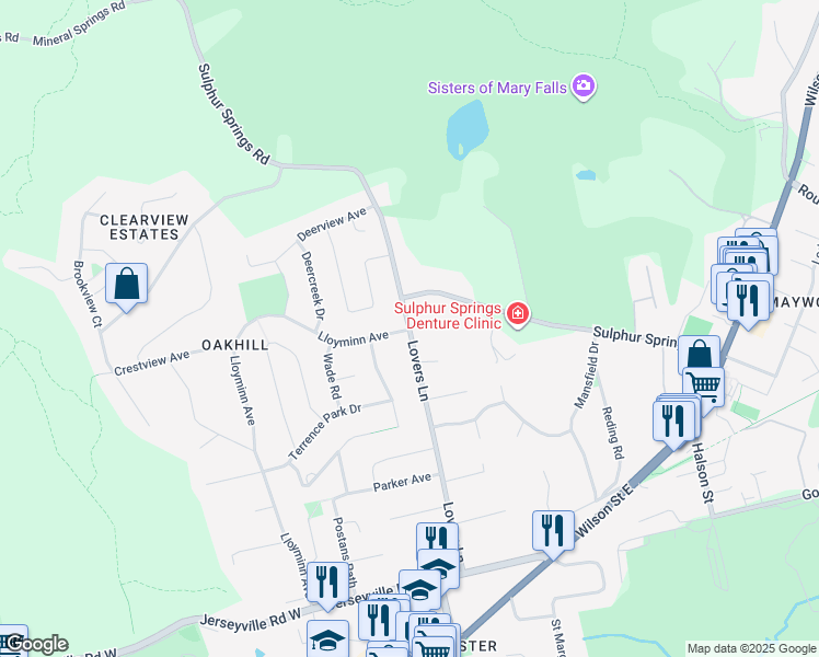map of restaurants, bars, coffee shops, grocery stores, and more near 219 Lovers Lane in Hamilton